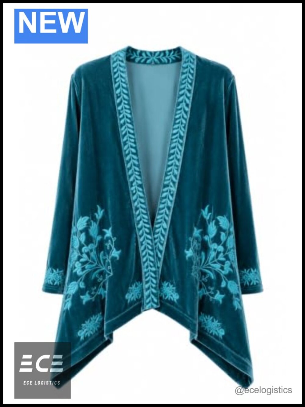 Womens Velvet Embroidered Kimono Cardigan Open Front Duster